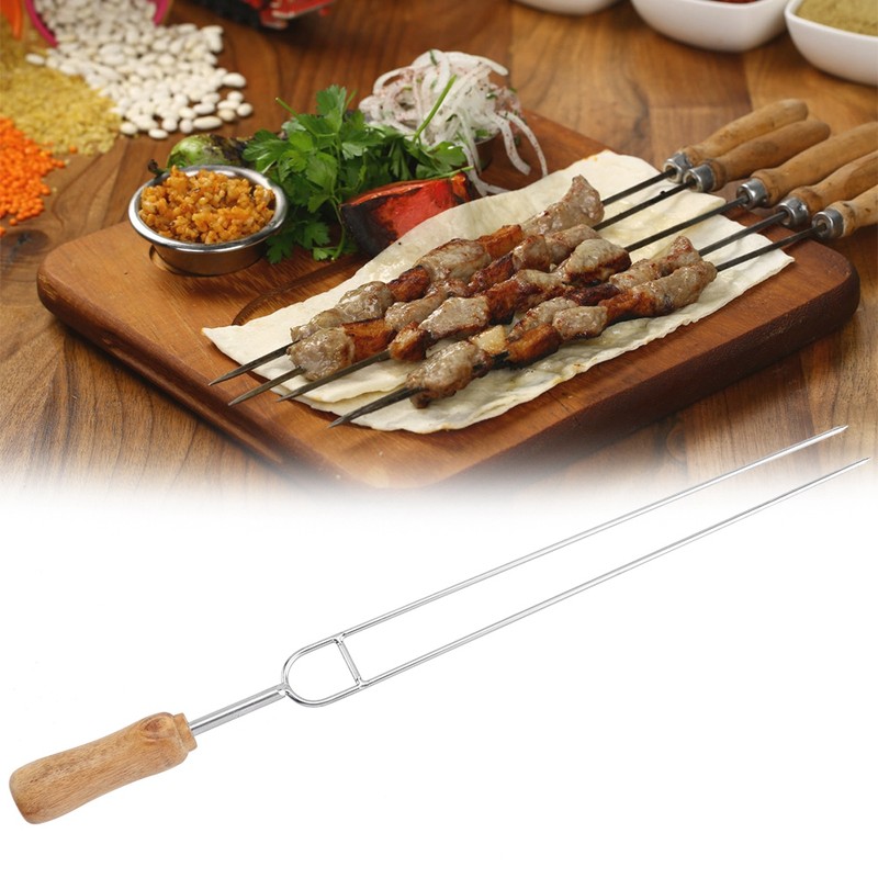 Stainless Steel Fork Wood Handle U shaped BBQ Roast Needle