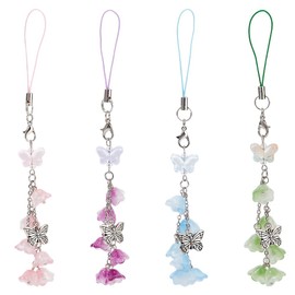 DELORIGIN 4Colors Lily of the Valley Phone Charms, 4pcs Cute Butterfly Bag Charm Beaded Phone Strap Wrist Lanyard Flower Acrylic Mobilephone Accessories For Phone Bag Keychain Car Camera Decor