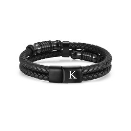 TOLOWOBK Mens Bracelets Leather Bracelet for Men Engraved A-Z Initial, Double Layer Genuine Leather Bracelets with Black Magnetic Clasp, Fathers Day Birthday Gifts for Dad Son Husband Grandad
