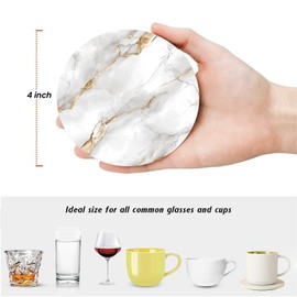 ubcindy White and Gold Crackle Vein Marble Coasters for Drinks Set of 6, Round Absorbent Ceramic Stone Coaster, with Metal Holder and Cork Base for Coffee Table Desk Home Decor Housewarming Gift