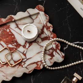 WORHE Marble Vanity Tray Luxury Scalloped Rectangle Stone Trays for Jewelry, Perfume, Makeup, Calacatta Viola Countertop Storage Organizer for Bathroom Kitchen Nightstand Home Decor Red (WH062)