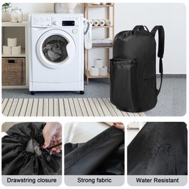 Polecasa Durable Backpack Laundry Bag with Padded Shoulder Straps, 130gsm Tear Resistant Fabric and Multi Pockets, Large Waterproof Dirty Clothes Drawstring Bag for Dorm, College,Black