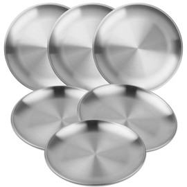 MOUYAT 6 PCS 8 Inch Stainless Steel Plate, Round Metal Dinner Plates, Heavy Duty Round Salad Plates Reusable Metal Dinner Dish for Serving Camping Outdoor BBQ Home Kitchen, Polished Silver