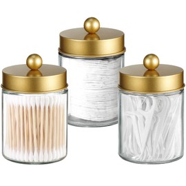 Apothecary Jar Canisters Bathroom Vanity Organizer - Qtip Holder Storage Organizer Countertop -Stainless Steel Lids &Cute Stickers for Qtips,Cotton Swabs,Makeup Sponges,Floss(3 Pack) (Gold)