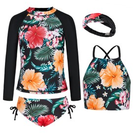 GRACE KARIN Rash Guard Swimsuit for Girl Long Sleeve Rash Guard Tankini Set Swimsuit Size 8 Black Floral
