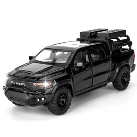 TGRCM-CZ Dodge Ram Mammoth Pick-Up Truck Model Car, Zinc Alloy Pull Back Toy Car with Sound and Light for Kids Boys Girls Gift (Black)
