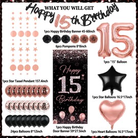 TSVATE Rose Gold 15th Birthday Decorations - Banner, Backdrop, Balloons, Pompoms & Star Streamers