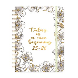 Agenda 2025-2026, Weekly and Monthly Academic Year Planner Calendar, Daily Schedule July 2025 - June 2026, 8.5" x 6.1" Laminated Labels with Elastic Bands (White Flower)