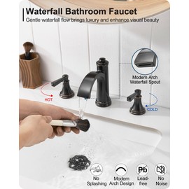 HEYMYTAP Waterfall Bathroom Faucet 3 Hole, 4-16 Inch Oil Rubbed Bronze Bathroom Faucet, Brass Bathroom Sink Faucet, 2 Handle Bathroom Faucets, Bathroom Vanity Faucet with Pop-Up Drain, Water Hoses