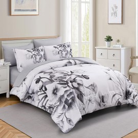 Luxudecor Floral Comforter Set Full Size 7 Piece, Black Flower Bed in a Bag, Elegant Ink Comforter Bedding Set for All Season (Ink, 80"x90")