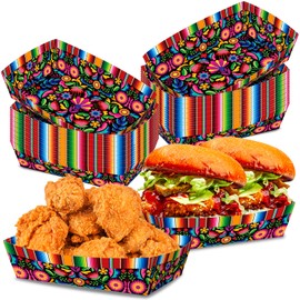 KERINGO No Folding Required 100 Pack 2 Lb Fiesta Plates Mexican Food Trays Floral Stripe Design Disposable Paper Serving Containers Boats for Taco Nights Nachos Fries Popcorn Snacks