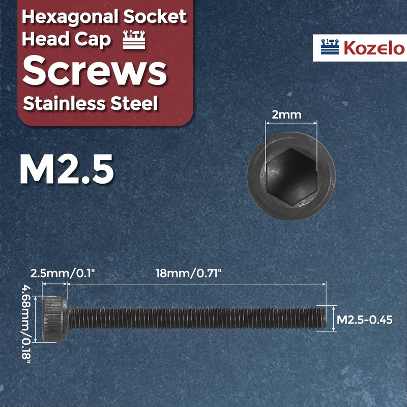 Kozelo 50pcs Socket Head Cap Screws - [M2.5-0.45 x 18mm]