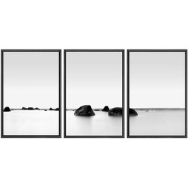 SIGNWIN Framed Canvas Print Wall Art Set Black & White Rocky Lake Zen Seascape Nature Wilderness Photography Realism Decorative Scenic Rustic Chic for Living Room, Bedroom, Office - 24"x36"x3 Black