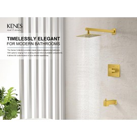 KENES Brushed Gold Tub and Shower Trim Kit, Square Tub Shower Faucet Set Complete with 10-Inch Rainfall Shower Head and Tub Spout, KE-6024A-4 (Shower Valve Included)