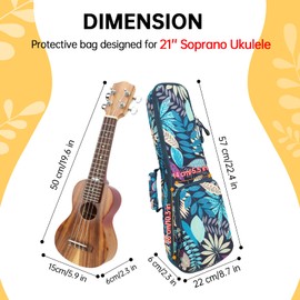 DELTAMANN 21" Soprano Ukulele Gig Bag-Summer Tropical Leaves Print Padded Ukulele Backpack - Blue Leave