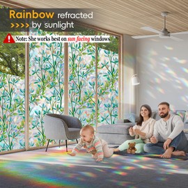 Non-Adhesive Stained Glass Window Film Decorative, Static Cling Privacy Window Film (Leaf Rainbow,17.5 X 78.7 inch)