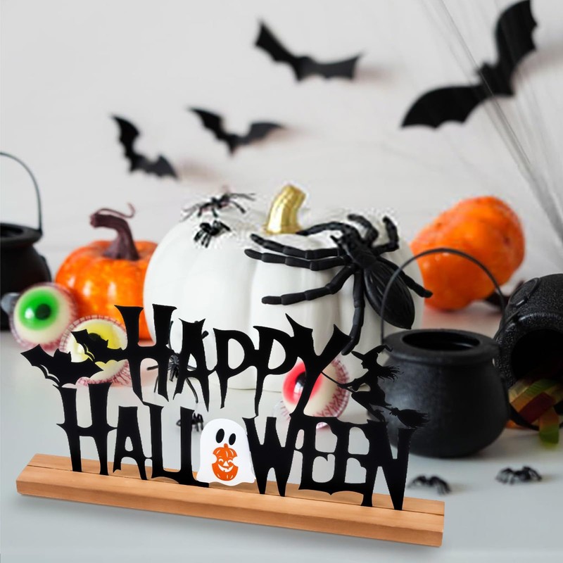 Metal Happy Halloween Sign Halloween Table Decor with Wooden Base