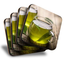Destination Vinyl ltd Great Coasters (Set of 4) Square - Healthy Green Tea Organic Drink Drink Glossy Coasters/Tabletop Protection for Any Table Type #16538