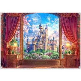 Yriujul Fabric 7x5ft Red Curtains Princess Castle Photography Backdrop Window Fireworks Floral Fairy Tale Background Grils Party Birthday Indoor Photo Booth Banner