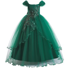 Weileenice Junior Bridesmaid Dress Emerald Green Off Shoulder Embroidery Teen Girl Pageant Wedding Christmas Party Maxi Dresses 12 13 Beads Sequin Vintage Kids Formal Holiday Birthday Prom Ball Gown