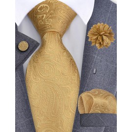 Gusleson Mens Gold Tie for Wedding Solid Silk Paisley Yellow Necktie Pocket Square Cufflinks and Lapel Pin Brooch Set (UK6103-17)