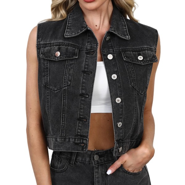 DvaeMalligo Denim Vest Women Button Down Cropped Sleeveless Jean Jacket