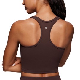 CRZ YOGA Butterluxe Womens Y-Back Racerback Longline Sports Bra - Padded Scoop Neck Workout Crop Tank Top with Built in Pads Hot Fudge Brown Large
