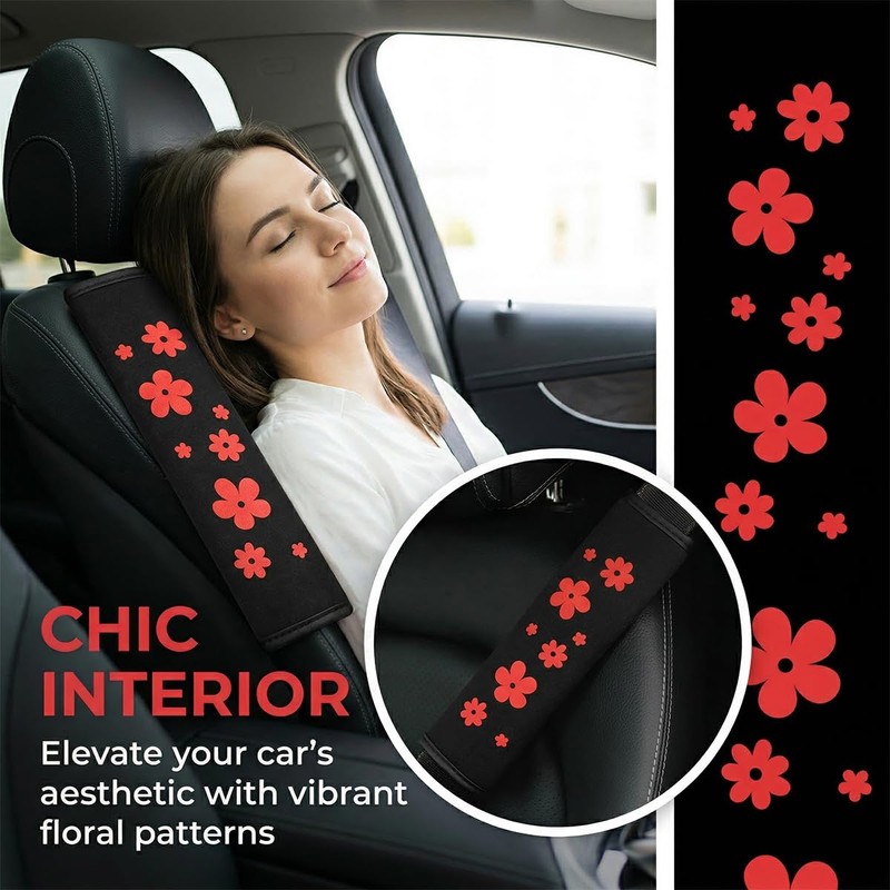 2PCS Car Seat Belt Covers, Flower Soft Comfortable Vehicle Seatbelt