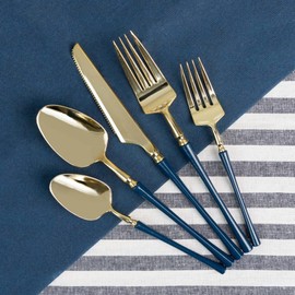 Blue Sky Infinity Flatware Gold & Navy Blue Soup Spoons - 20 Count | Luxurious Disposable Plastic Cutlery for Parties and Events