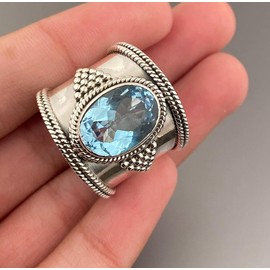 925 Sterling Silver Blue Diamond Creative Bohemian Retro Wide Ring, Antique Silver Ring, Party Ring Jewelry, Exaggerated Fashion Matching Jewelry Design Ring Size 9