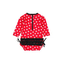 RuffleButts Baby Girls UPF 50+ Sun Protection Polka Dot Long Sleeve One Piece Rash Guard Swimsuit with Zipper - Red Vintage Polka, 18-24m