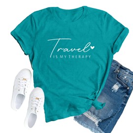 TUPOSU Travel Shirts for Women Travelers Trip Shirts Traveling is My Therapy Tees Cyan