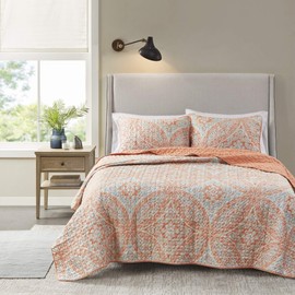 Comfort Spaces Reversible Quilt Set-Vermicelli Stitching Design All Season, Lightweight, Coverlet Bedspread Bedding, Matching Shams, Full/Queen (90 in x 90 in), Gloria Damask Coral 3 Piece