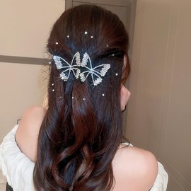 Jumwrit Rhinestone Double Butterfly Hair Clip Boho Hollow Mesh Hair Barrette Sparkle Fairy Hairpin Strong Hold Ponytail Holder Clip Accessories for Women Girls (Silver)