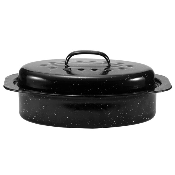 JY COOKMENT Granite Roaster Pan, Small 13” Enameled Roasting Pan with Domed Lid. Oval Turkey Roaster Pot, Broiler Pan Great for Small Chicken, Lamb. Dishwasher Safe Cookware Fit for 7Lb Bird