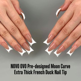 NOVO OVO Duck Nail White French Tips Press On BROWN PINK with Moon Curve, Medium Extra Thick Full Cover Acrylic,Pre-Etched Flare Wide Soft Gel False Nail Extension for Salon DIY x 15 Sizes 150 pcs