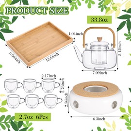 Sliner 9 Pcs Tea Set Glass Teapot, 33.8 oz Clear Glass Tea Kettle with Infuser 6 Pcs Insulated Cups Ceramic Teapot Warmer Wooden Bamboo Serving Tray(Delicate)