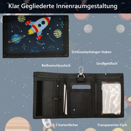 Cumnvulnt Children's Neck Pouch, Space Motif Wallet Children with Keyring, Foldable Neck Pouch Boys, Children's Wallet Boys for Teenagers, Girls, Boys (Black)