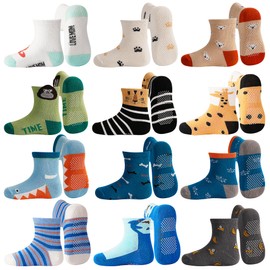 Tphon Toddler Baby Non Slip Socks Infant Anti Skid Socks with Grips 12 Pairs Crew Sock for 5-7 Years Kids Boys Girls