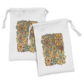 Lunarable Retro Fabric Pouch Set of 2, Floral Pattern with Vintage Style Blooming Flowers Illustration Print, Small Drawstring Bag for Toiletries Masks and Favors, 9" x 6", Sky Blue Peach Marigold