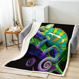 Feelyou Chameleon Sherpa Blanket Colorful Chameleon Fleece Throw Blanket Tropical Animal Plush Blanket for Bed Sofa Couch for Kids Boys Girls Wildlife Fuzzy Blanket Teens Room Decor Twin 60"x80"