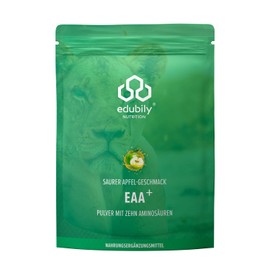 edubily nutrition® Vegan EAA Powder, High-Quality EAA Complex of 10 Essential Amino Acids, Sour Apple Flavour, Sweetened with Stevia, 400 g