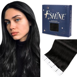 Fshine Tape-In Real Hair Extensions, 45 cm, Black, Colour 1, 20 Pieces, 100% Remy Hair, Invisible Extensions, Straight, 50 g