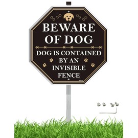 Beware of Dog Sign Dog Contained by an Invisible Fence Sign for Yard, Lawn, Home Security Signs Dog Warning Sign for Fence 28" Bend-Proof Stake Metal Sign Kit 10" x 10" Aluminum Sign