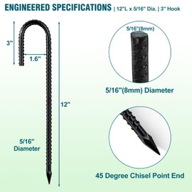 12 Inch Heavy Duty J Hook Rebar Stakes, 16-Pack - Galvanized Steel Ground Stakes with Sharp Tip for Chain Link Fence, Canopy, Tent, Inflatables, Lawn Decor, Trampoline & Outdoor Projects