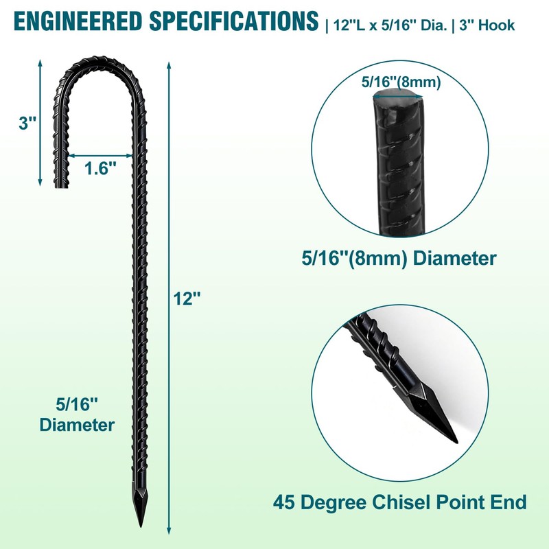 12 Inch Heavy Duty J Hook Rebar Stakes, 16-Pack -