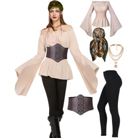 minkasic Women's Pirate Costumes Outfit with Accessories Renaissance Shirt Top Corset Belt Head Scarf 5pcs