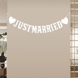 Just Married Wedding Banner, 5M White Hanging Flags Decorations for Reception, Wedding Bunting Banners, Hanging Sign Garland for Bridal Shower Engagement Car Party