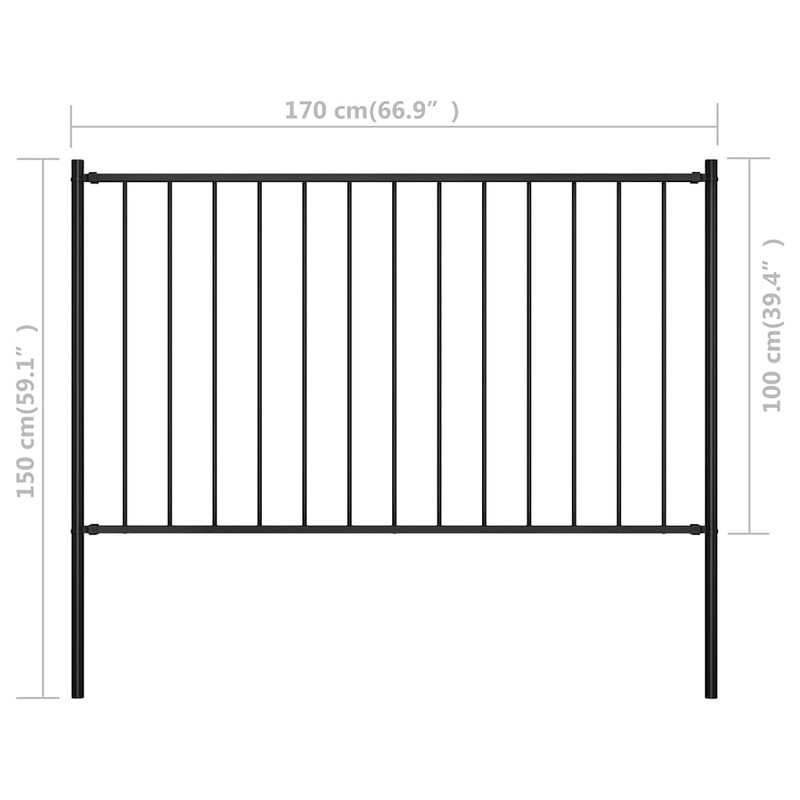 Fence Panel with Posts Powder-Coated Steel 5.6'x3.3' Black Steel Anti-Rust
