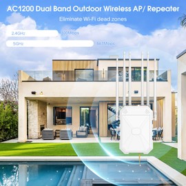 AC1200 Outdoor WiFi Extender, 5GHz and 2.4GHz Long Range Outdoor WiFi Access Point with 6 Antennas, Outdoor WiFi Extender Signal Booster, IP67 Weatherproof, Passive PoE, for Starlink, Camping, Yard